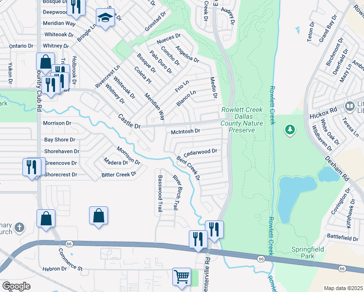 map of restaurants, bars, coffee shops, grocery stores, and more near 2106 Woodglen Drive in Garland