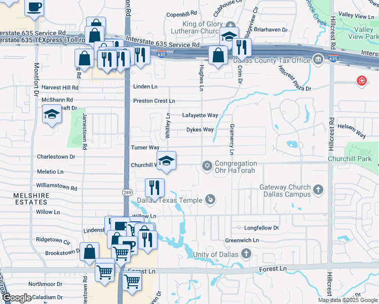 map of restaurants, bars, coffee shops, grocery stores, and more near 6243 Churchill Way in Dallas