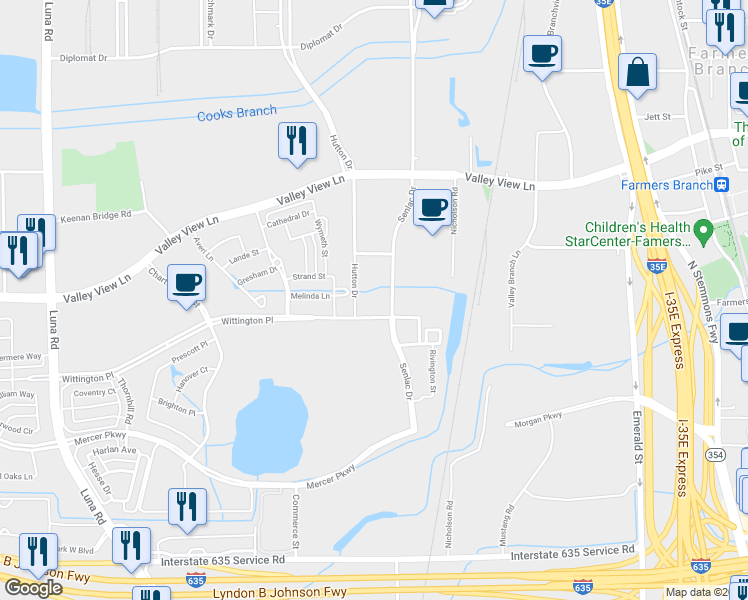 map of restaurants, bars, coffee shops, grocery stores, and more near 1979 Lakeway Boulevard in Farmers Branch