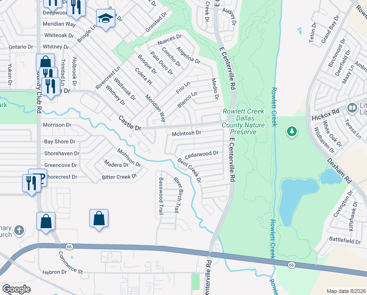 map of restaurants, bars, coffee shops, grocery stores, and more near 2106 Woodglen Drive in Garland