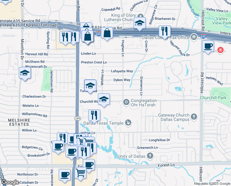 map of restaurants, bars, coffee shops, grocery stores, and more near 6243 Churchill Way in Dallas