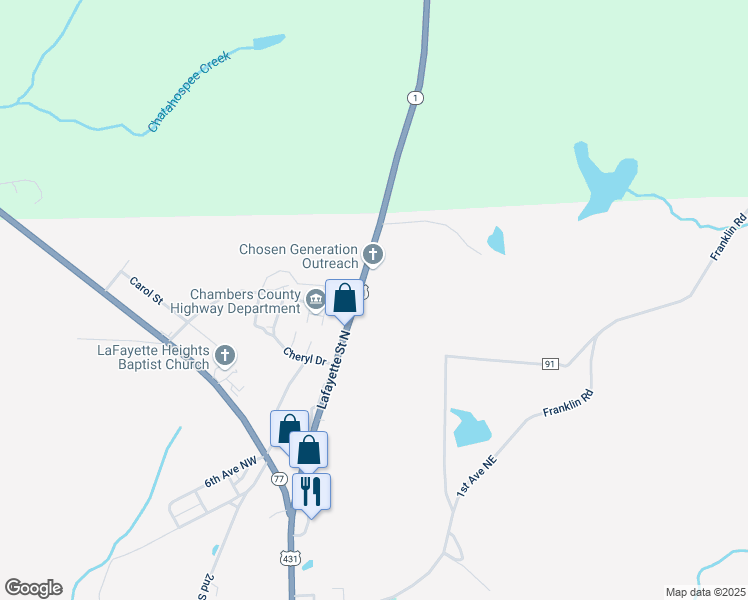 map of restaurants, bars, coffee shops, grocery stores, and more near 18130 U.S. 431 in La Fayette
