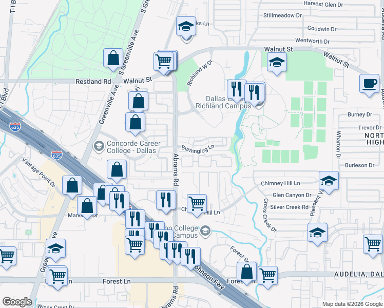 map of restaurants, bars, coffee shops, grocery stores, and more near 12484 Abrams Road in Dallas