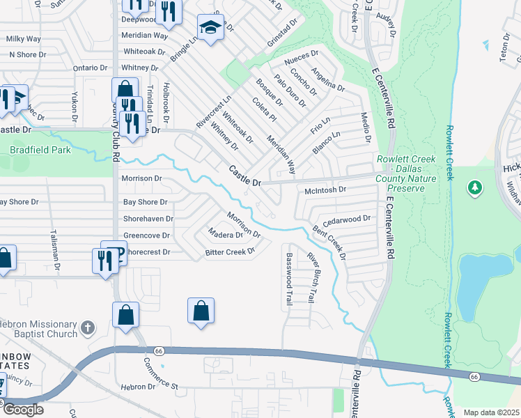 map of restaurants, bars, coffee shops, grocery stores, and more near 832 Courtenay Place in Garland