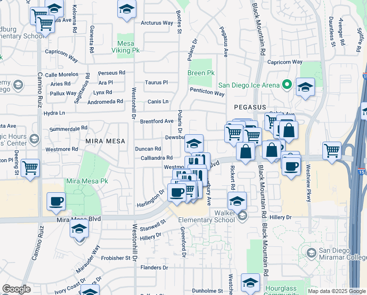 map of restaurants, bars, coffee shops, grocery stores, and more near 10910 Polaris Drive in San Diego