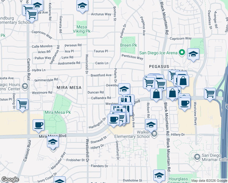 map of restaurants, bars, coffee shops, grocery stores, and more near 10910 Polaris Drive in San Diego