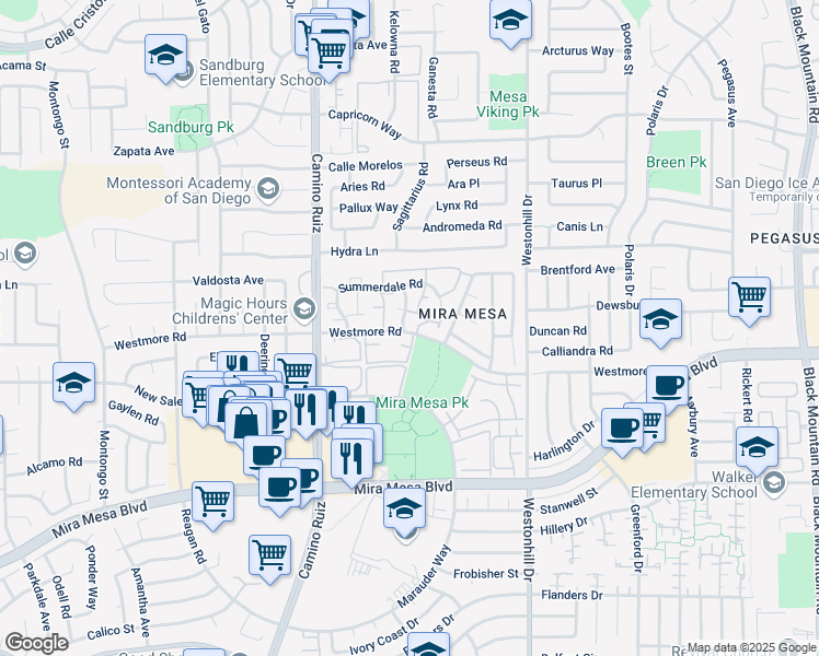 map of restaurants, bars, coffee shops, grocery stores, and more near 8461 Westmore Road in San Diego