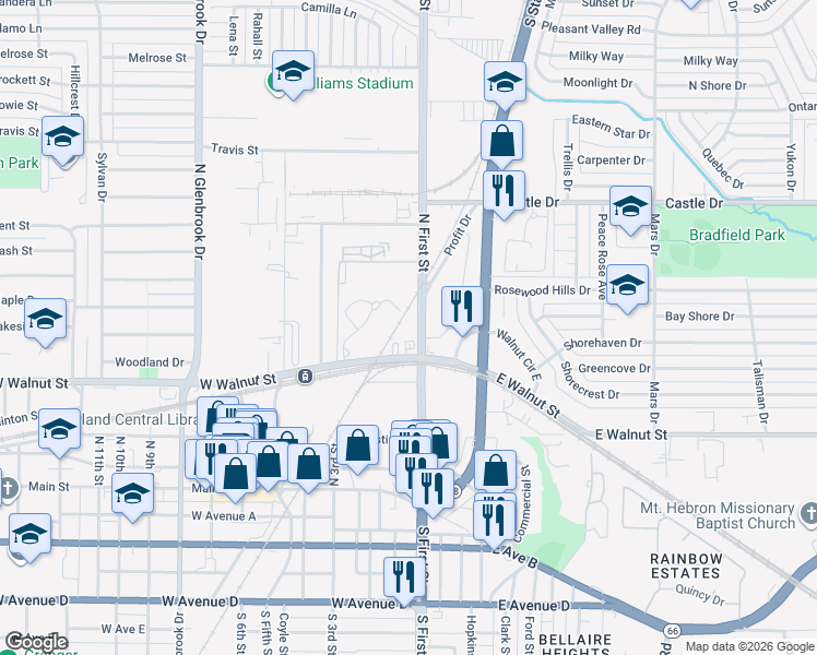 map of restaurants, bars, coffee shops, grocery stores, and more near 115 West Walnut Street in Garland