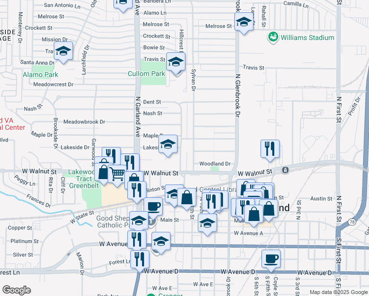 map of restaurants, bars, coffee shops, grocery stores, and more near 515 Sylvan Drive in Garland