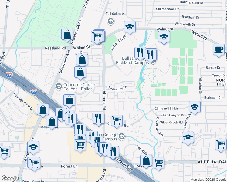 map of restaurants, bars, coffee shops, grocery stores, and more near 12484 Abrams Road in Dallas
