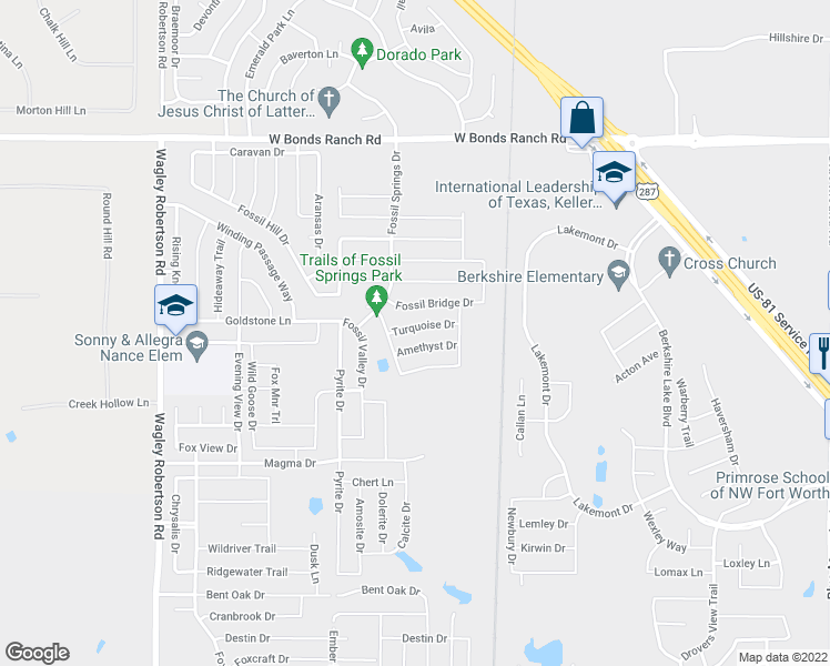 map of restaurants, bars, coffee shops, grocery stores, and more near 337 Amethyst Drive in Fort Worth