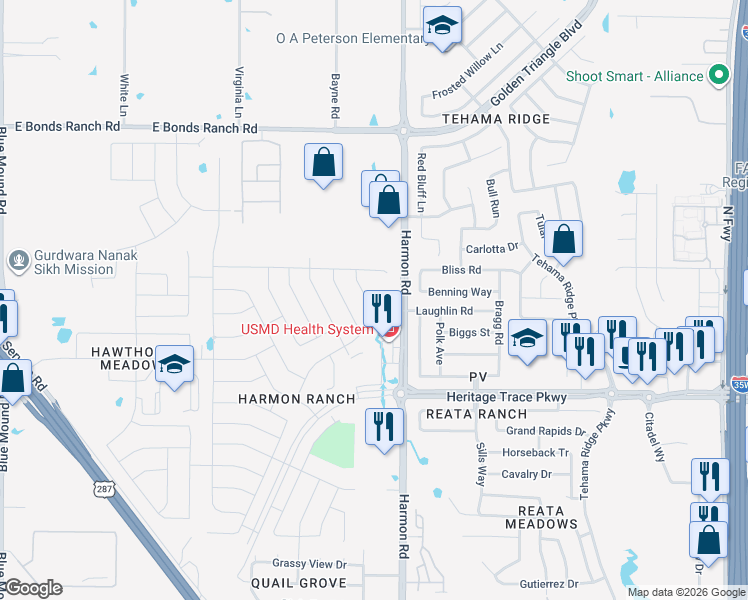 map of restaurants, bars, coffee shops, grocery stores, and more near 9812 Milkweed Lane in Fort Worth