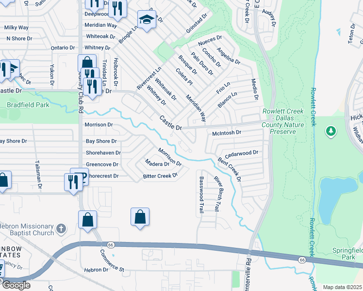 map of restaurants, bars, coffee shops, grocery stores, and more near 832 Courtenay Place in Garland