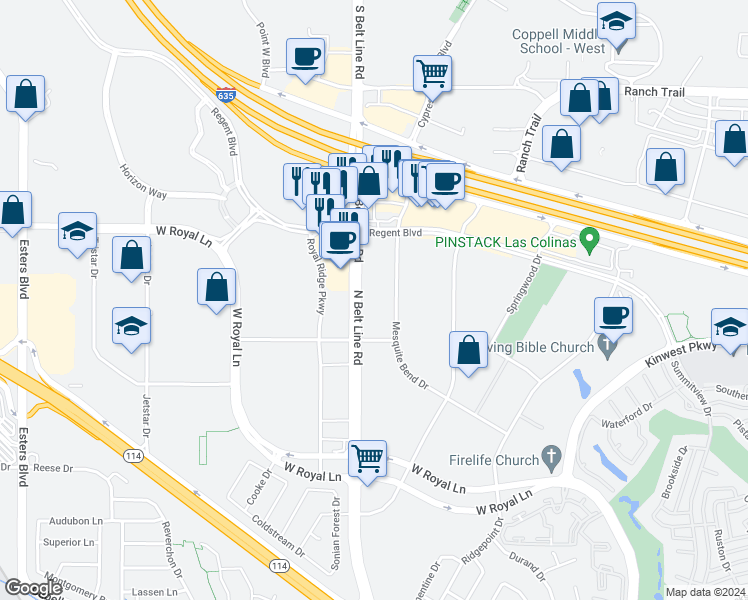 map of restaurants, bars, coffee shops, grocery stores, and more near 8222 North Belt Line Road in Irving
