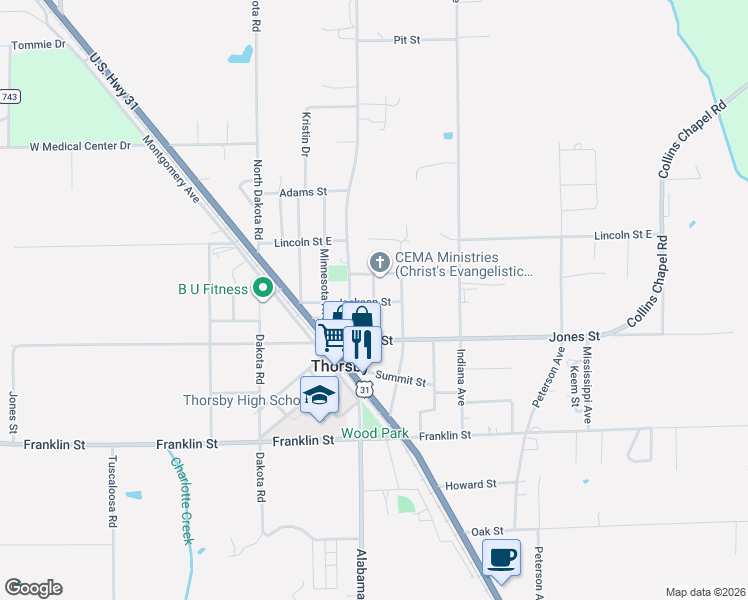 map of restaurants, bars, coffee shops, grocery stores, and more near 140 Iowa Avenue in Thorsby