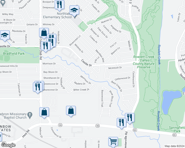 map of restaurants, bars, coffee shops, grocery stores, and more near 834 Courtenay Place in Garland