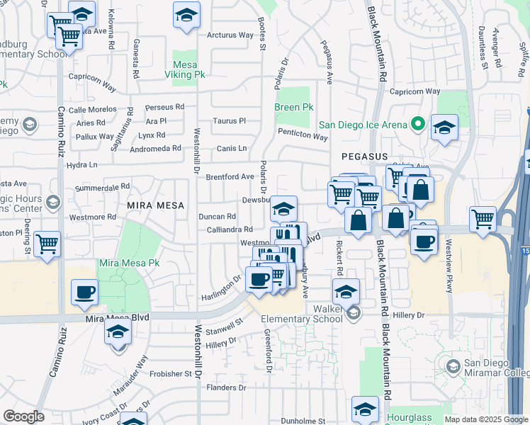 map of restaurants, bars, coffee shops, grocery stores, and more near 10910 Polaris Drive in San Diego