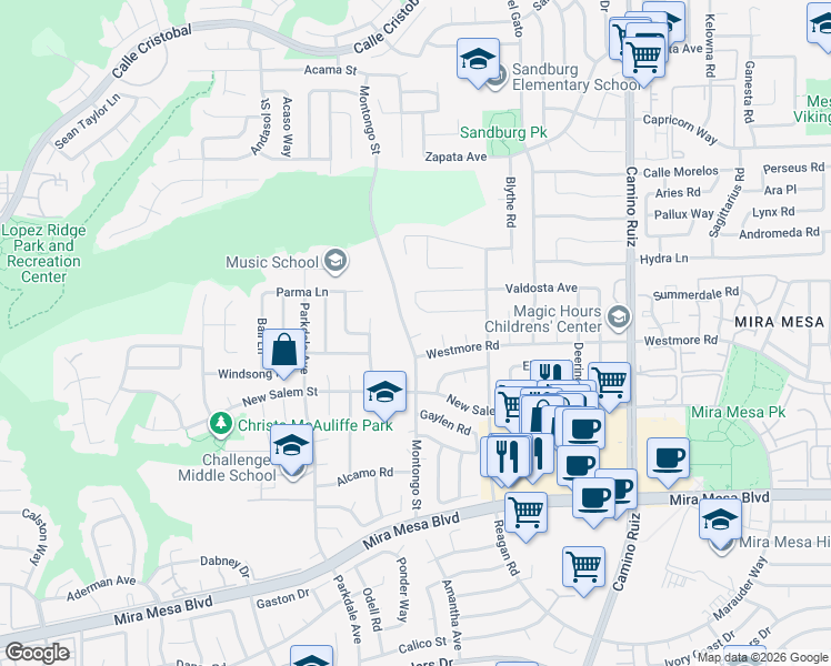 map of restaurants, bars, coffee shops, grocery stores, and more near 10926 New Salem Court in San Diego