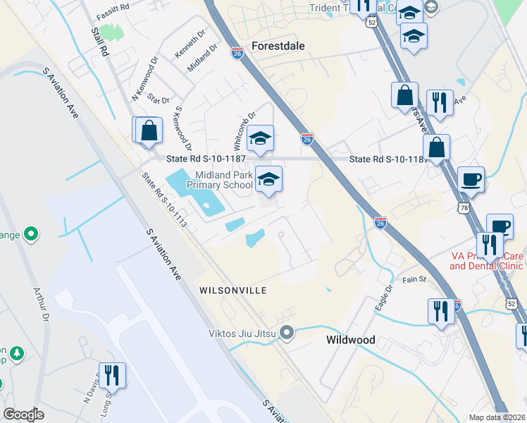 map of restaurants, bars, coffee shops, grocery stores, and more near 2433 Raymond Avenue in North Charleston