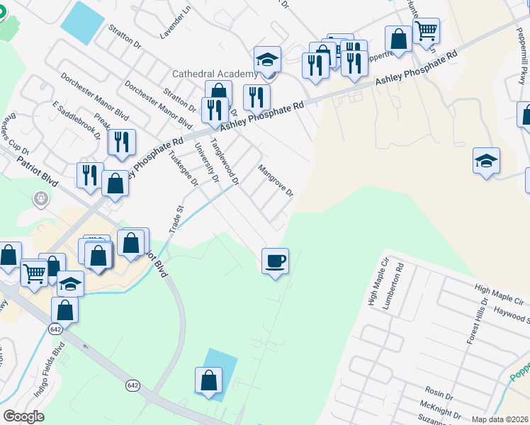 map of restaurants, bars, coffee shops, grocery stores, and more near 451 University Drive in North Charleston
