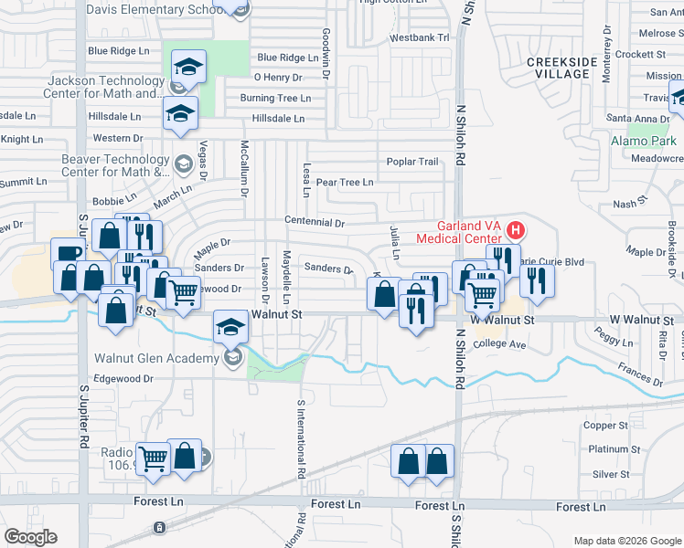 map of restaurants, bars, coffee shops, grocery stores, and more near 2806 Lakewood Drive in Garland
