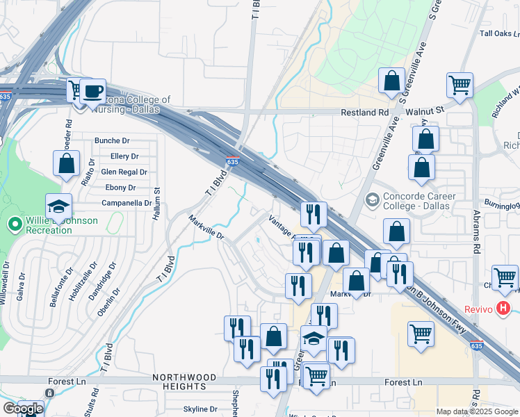 map of restaurants, bars, coffee shops, grocery stores, and more near 9000 Vantage Point Drive in Dallas