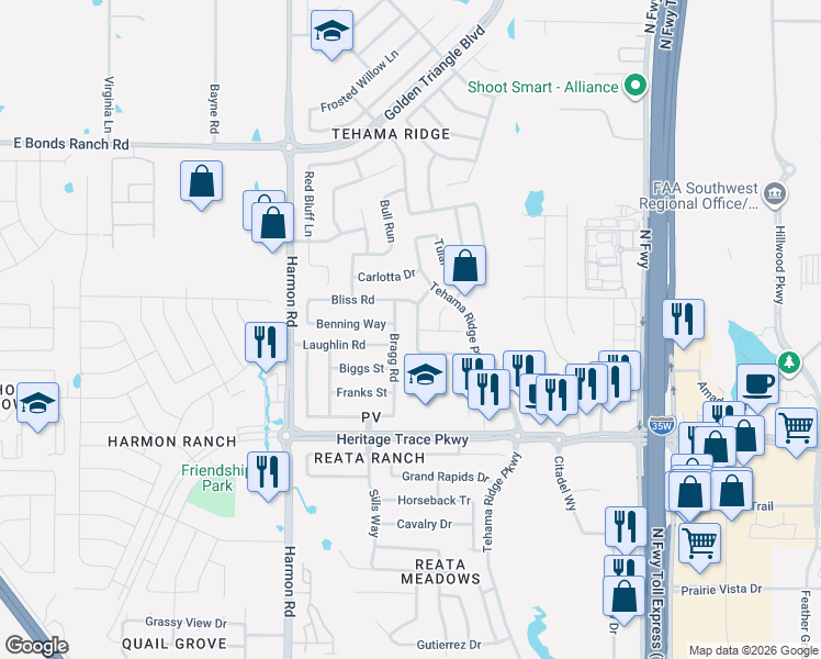 map of restaurants, bars, coffee shops, grocery stores, and more near 2156 Laughlin Road in Fort Worth
