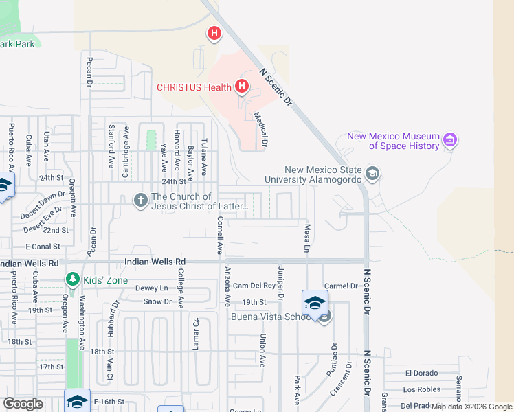 map of restaurants, bars, coffee shops, grocery stores, and more near 2401-2499 Mesa Lane in Alamogordo