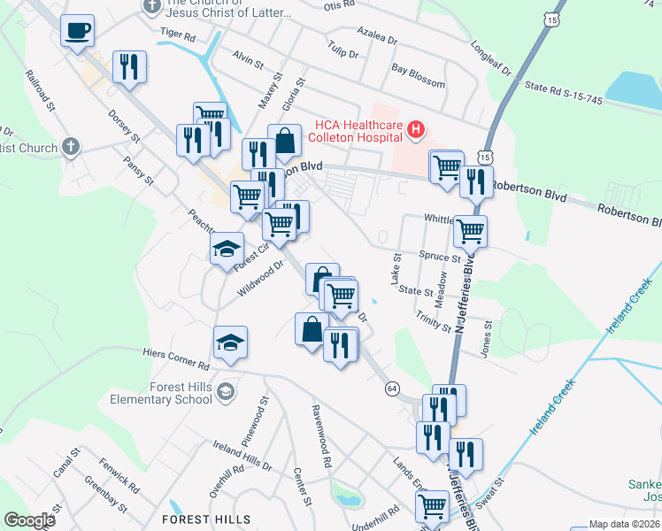 map of restaurants, bars, coffee shops, grocery stores, and more near 203 Shannon Road in Walterboro