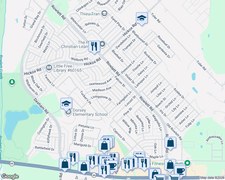 map of restaurants, bars, coffee shops, grocery stores, and more near 6609 Cordelia Road in Rowlett