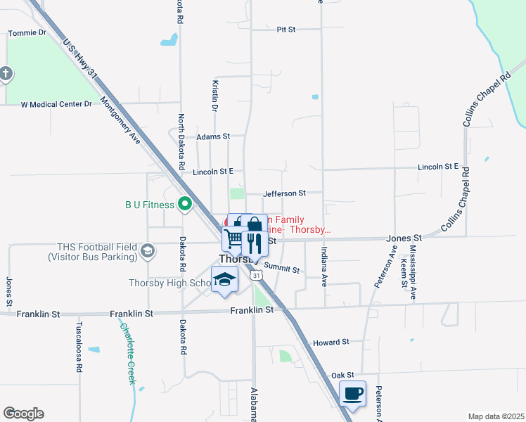 map of restaurants, bars, coffee shops, grocery stores, and more near 140 Iowa Avenue in Thorsby