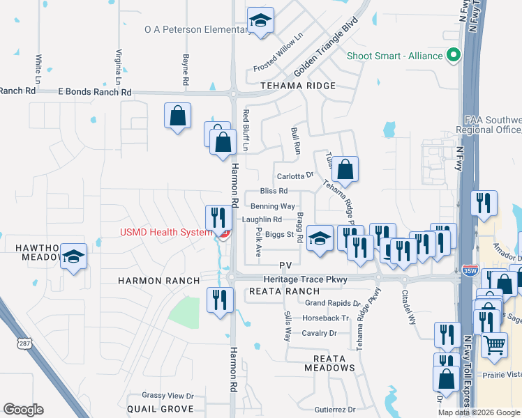 map of restaurants, bars, coffee shops, grocery stores, and more near 2124 Benning Way in Fort Worth
