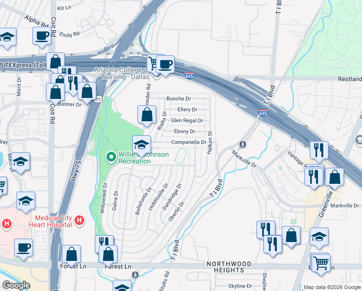 map of restaurants, bars, coffee shops, grocery stores, and more near 8364 Campanella Drive in Dallas