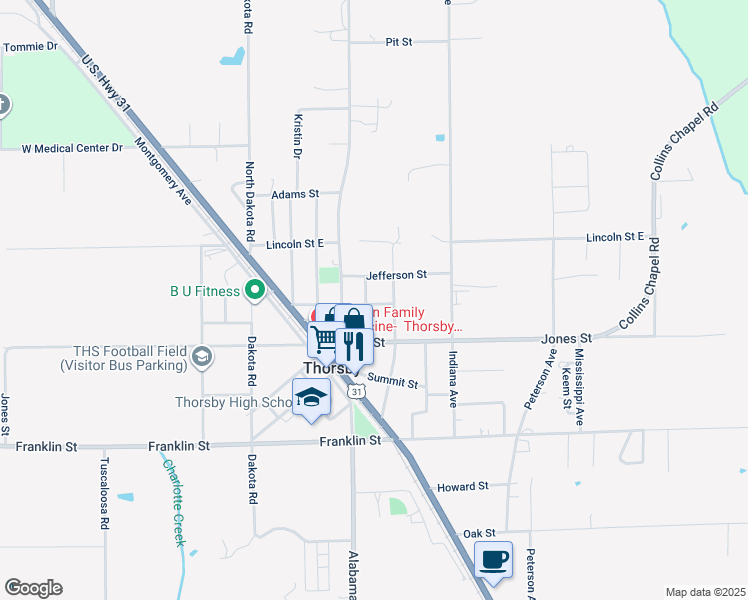 map of restaurants, bars, coffee shops, grocery stores, and more near 299 Michigan Avenue in Thorsby