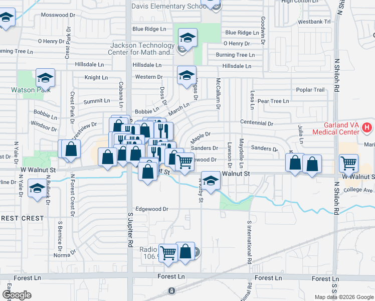 map of restaurants, bars, coffee shops, grocery stores, and more near 513 Warren Drive in Garland