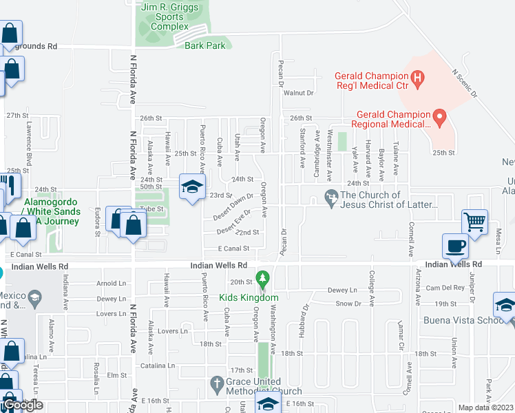 map of restaurants, bars, coffee shops, grocery stores, and more near 1319 Desert Eve Drive in Alamogordo