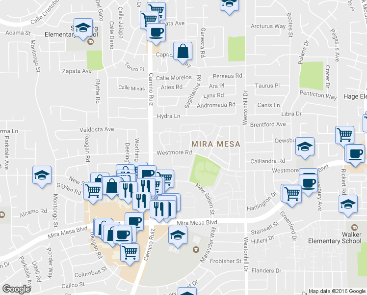 map of restaurants, bars, coffee shops, grocery stores, and more near 8461 Westmore Road in San Diego
