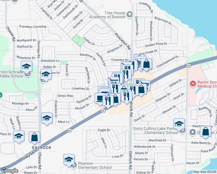 map of restaurants, bars, coffee shops, grocery stores, and more near 8405 Lakeview Parkway in Rowlett