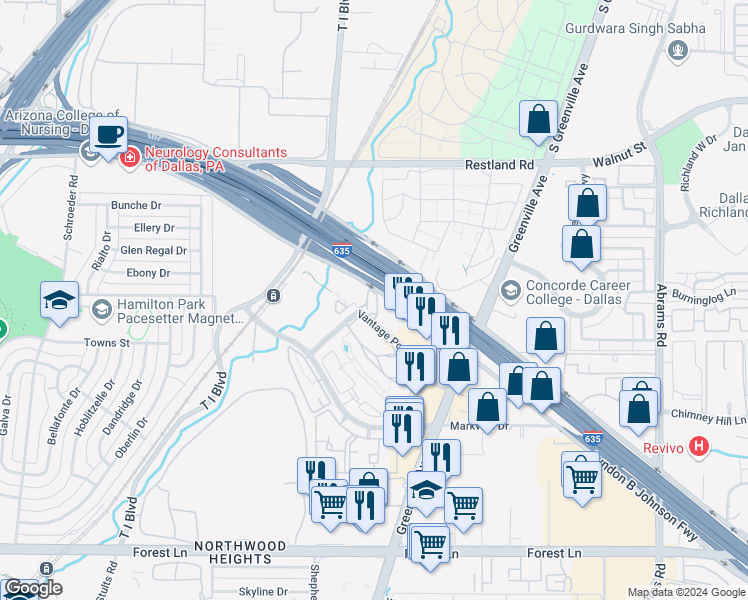 map of restaurants, bars, coffee shops, grocery stores, and more near 903 Vantage Point Drive in Dallas