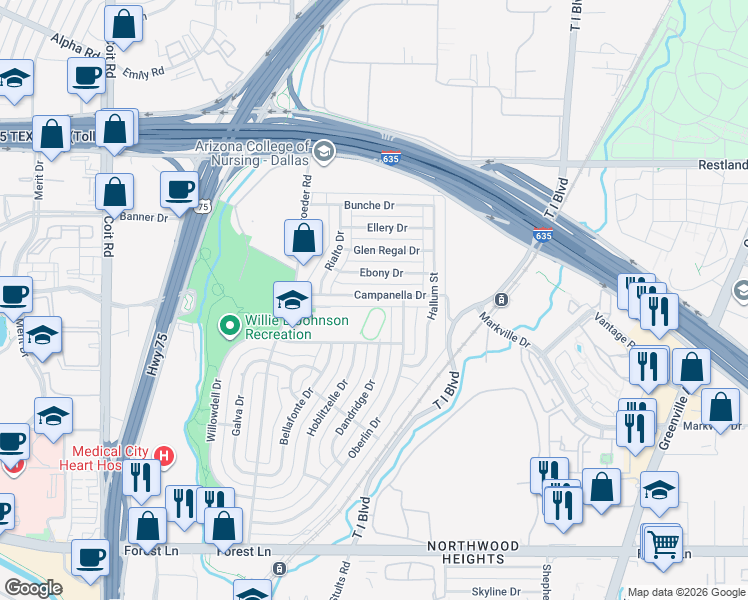 map of restaurants, bars, coffee shops, grocery stores, and more near 8364 Campanella Drive in Dallas