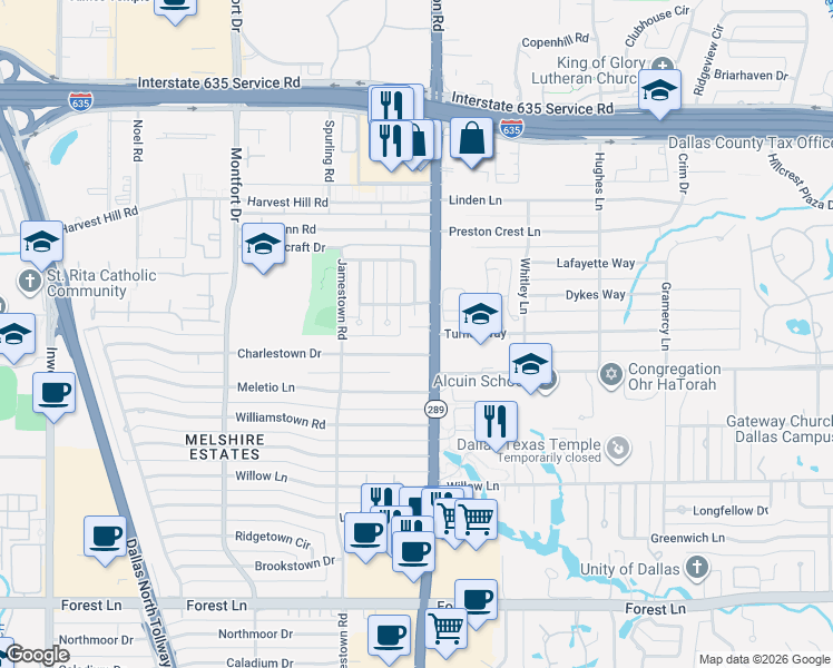 map of restaurants, bars, coffee shops, grocery stores, and more near 12473-12499 Preston Road in Dallas