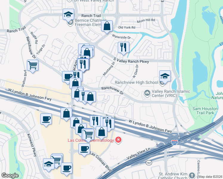 map of restaurants, bars, coffee shops, grocery stores, and more near 538 Rockingham Drive in Irving