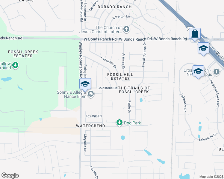 map of restaurants, bars, coffee shops, grocery stores, and more near 556 Tierra Vista Way in Fort Worth