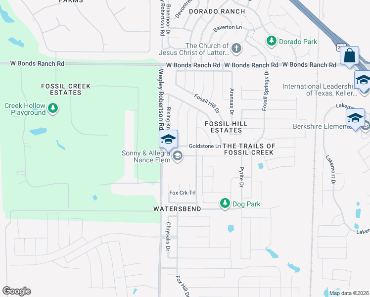 map of restaurants, bars, coffee shops, grocery stores, and more near 621 Goldstone Lane in Fort Worth