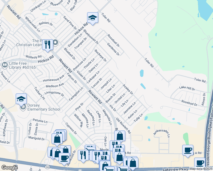 map of restaurants, bars, coffee shops, grocery stores, and more near 3420 Jonquil Lane in Rowlett