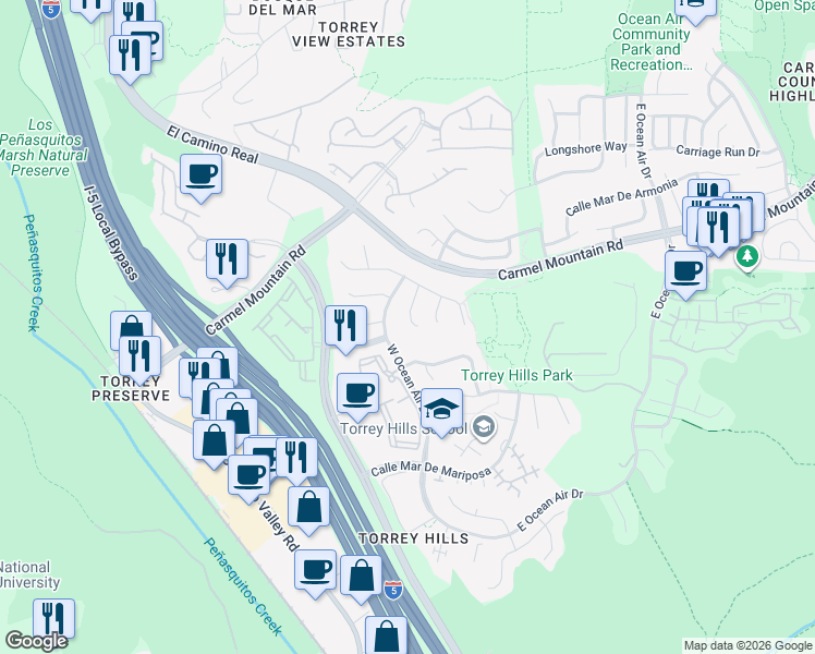 map of restaurants, bars, coffee shops, grocery stores, and more near 11124 Corte Pleno Verano in San Diego