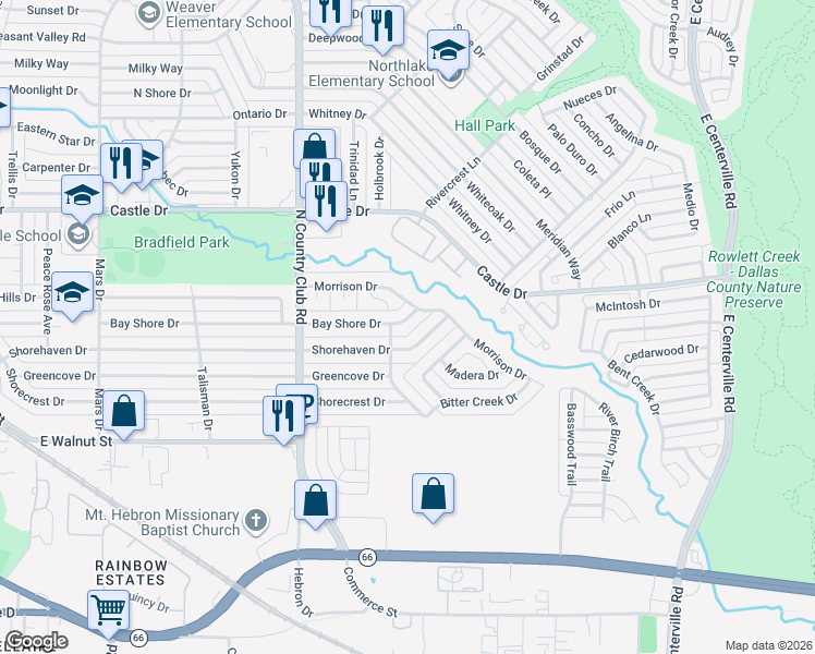 map of restaurants, bars, coffee shops, grocery stores, and more near 1510 Bay Shore Drive in Garland
