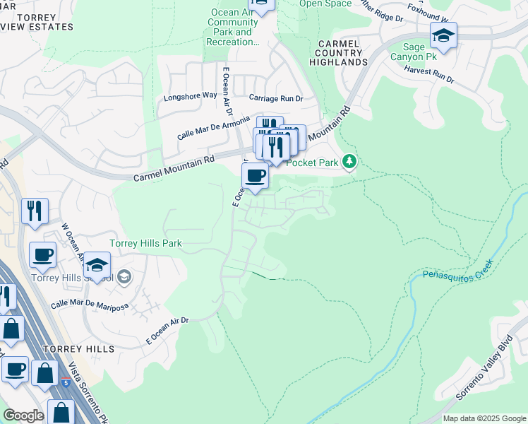 map of restaurants, bars, coffee shops, grocery stores, and more near 4607 Torrey Circle in San Diego