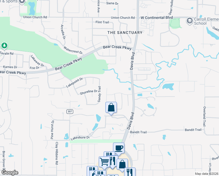 map of restaurants, bars, coffee shops, grocery stores, and more near 8757 Davis Boulevard in Keller