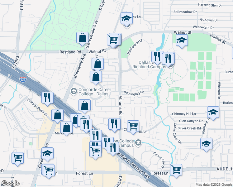 map of restaurants, bars, coffee shops, grocery stores, and more near 9326 Chimney Sweep Lane in Dallas